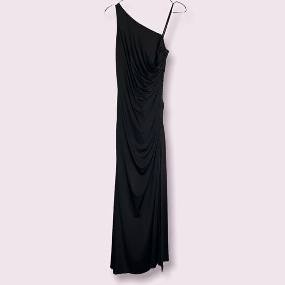 Adrianna Papell Boutique Black One Shoulder Beaded Ruched Evening Gown 4 - Picture 1 of 6